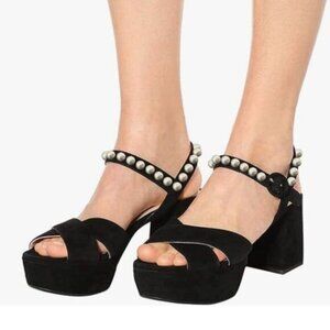 FSJ Black Suede Pearls Peep Toe Chunky High Heels Platform Ankle Strap Sandals